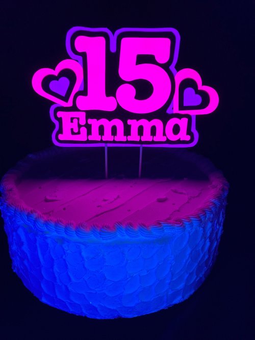 Pink and Purple Heart Neon Glow Party Cake Topper, Quineañera Black Light Party Decor, Personalized Name and Age Birthday Cake Decoration,