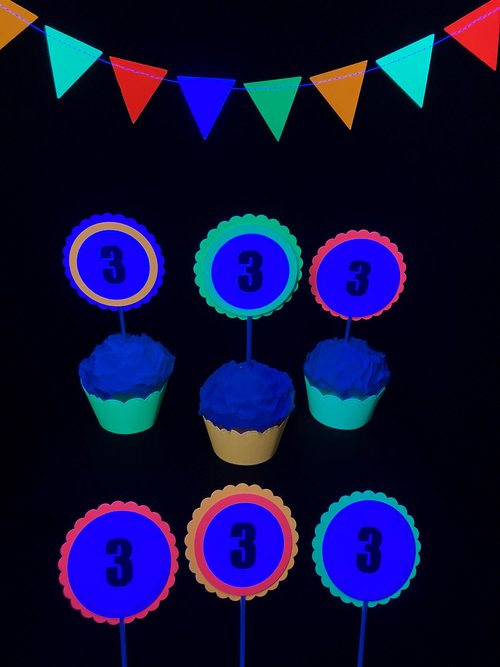 Neon Birthday Cupcake Toppers, Black Light Party Decor, Fluorescent Cupcake Decoration, Birthday Number Topper, UV Reflective, 3rd Birthday