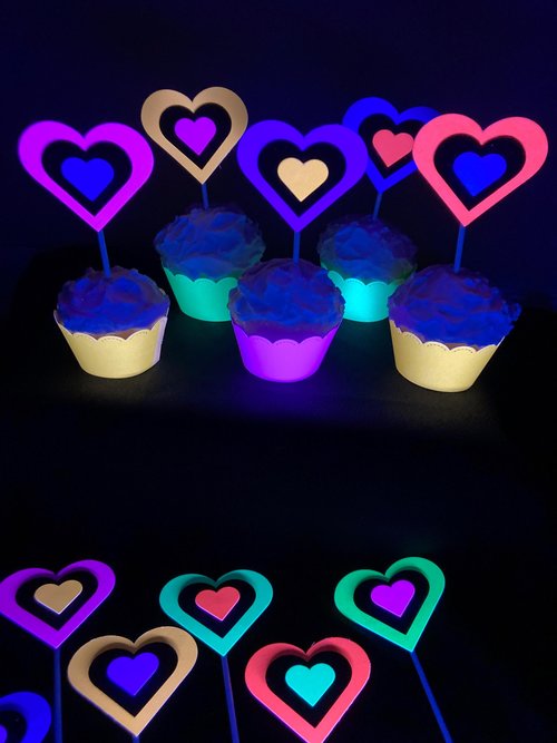Neon Heart Cupcake Toppers, Glow in the Dark Hearts, Glow Party Supply, Cupcake Decor, Black Light Decoration, Fluorescent UV Reflective