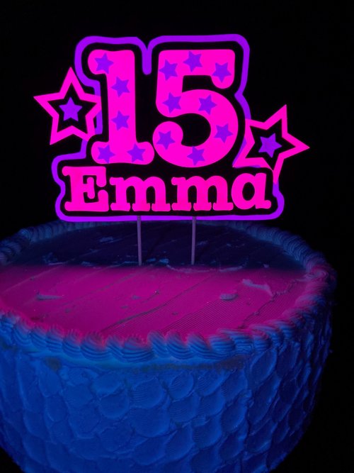 Neon Pink Purple Star Birthday Cake Topper, Quineañera Black Light Celebration Decor, Handmade Personalized Name and Age Cake Centerpiece