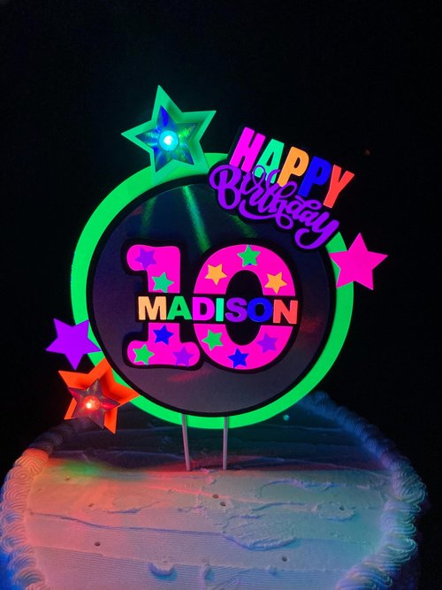 LED Lights Glow Party Neon Birthday Cake Topper, Personalized Age and Name Topper, UV Fluorescent Cake Decoration, Star Cake Centerpiece