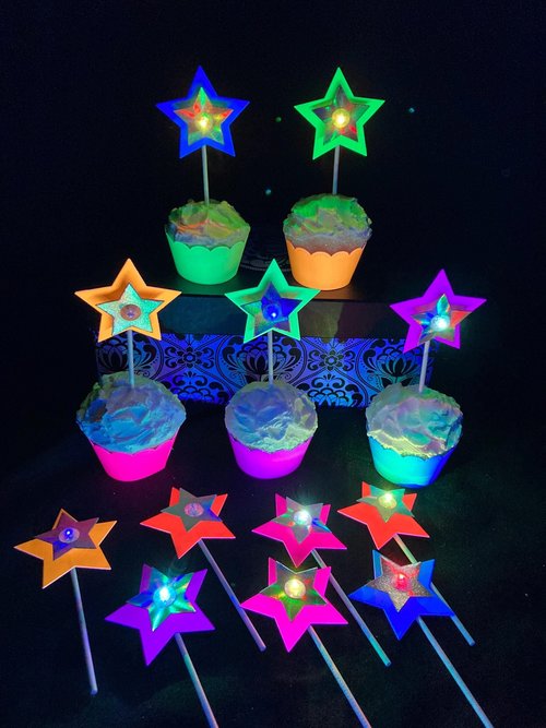 LED flashing star cupcake picks, Glow in the dark star cupcake toppers, UV reflective neon party decorations, Black light birthday decor