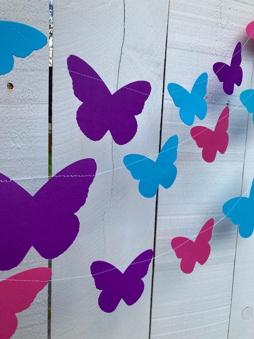 Butterfly Garland, Butterfly Party, Spring Tea Party Decoration, Easter Banner, Girl Birthday Bunting, Monarch Streamers, Pink and Purple