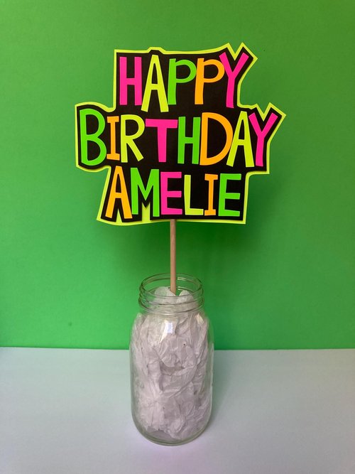 Neon Happy Birthday Centerpiece, Glow Party Table Decoration, Personalized Mason Jar Stick Centerpiece, Custom Black Light Photo Booth Prop