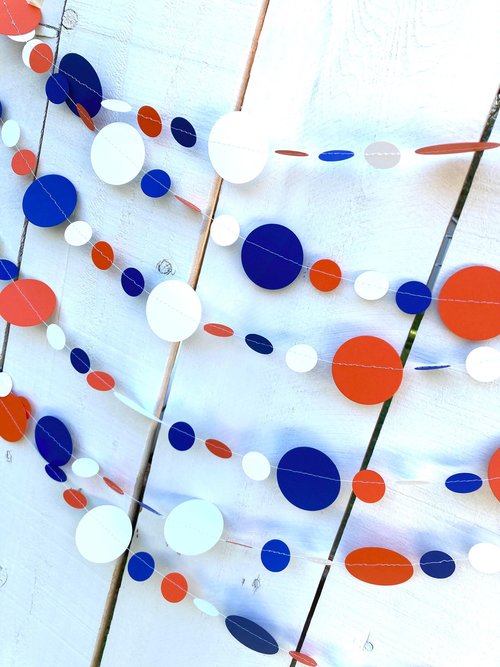 Royal Blue, White, and Orange Paper Garland, Back to School and Graduation Decor