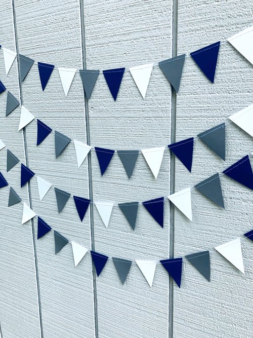 Georgetown graduation party garland, Navy White Gray Triangle Bunting, University of North Florida, Dorm Streamers, Colorado School of Mines