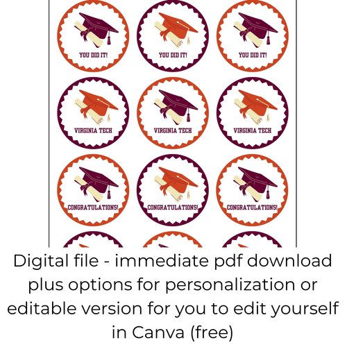 Virginia Tech Graduation Cupcake Toppers: Orange & Maroon Decor (Digital Download)