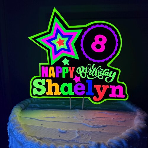 Custom Neon Cake Topper, 80s Party Decor, Personalized Birthday Cake Sign, Blacklight Party Decoration, Fluorescent Glow Party Sign