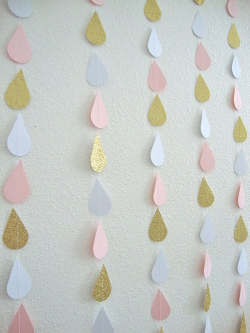 Bridal Shower Decoration, Blush and Gold Raindrop Garland, Pink Raindrop Bunting, Elegant Bridal Shower Backdrop, Blush Pink Gold Wedding