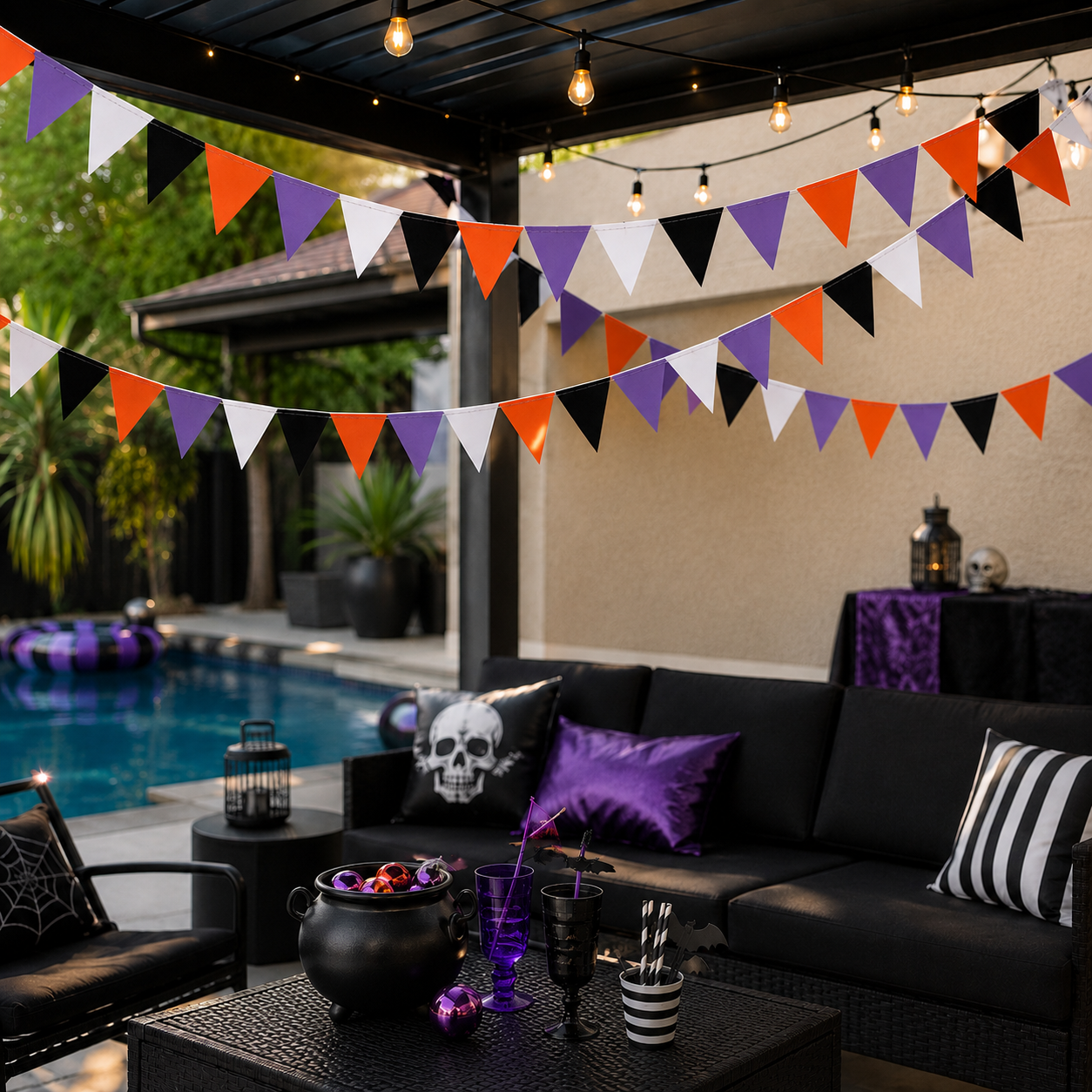 Black, white, purple and orange Halloween triangle garland decorating a summer backyard party