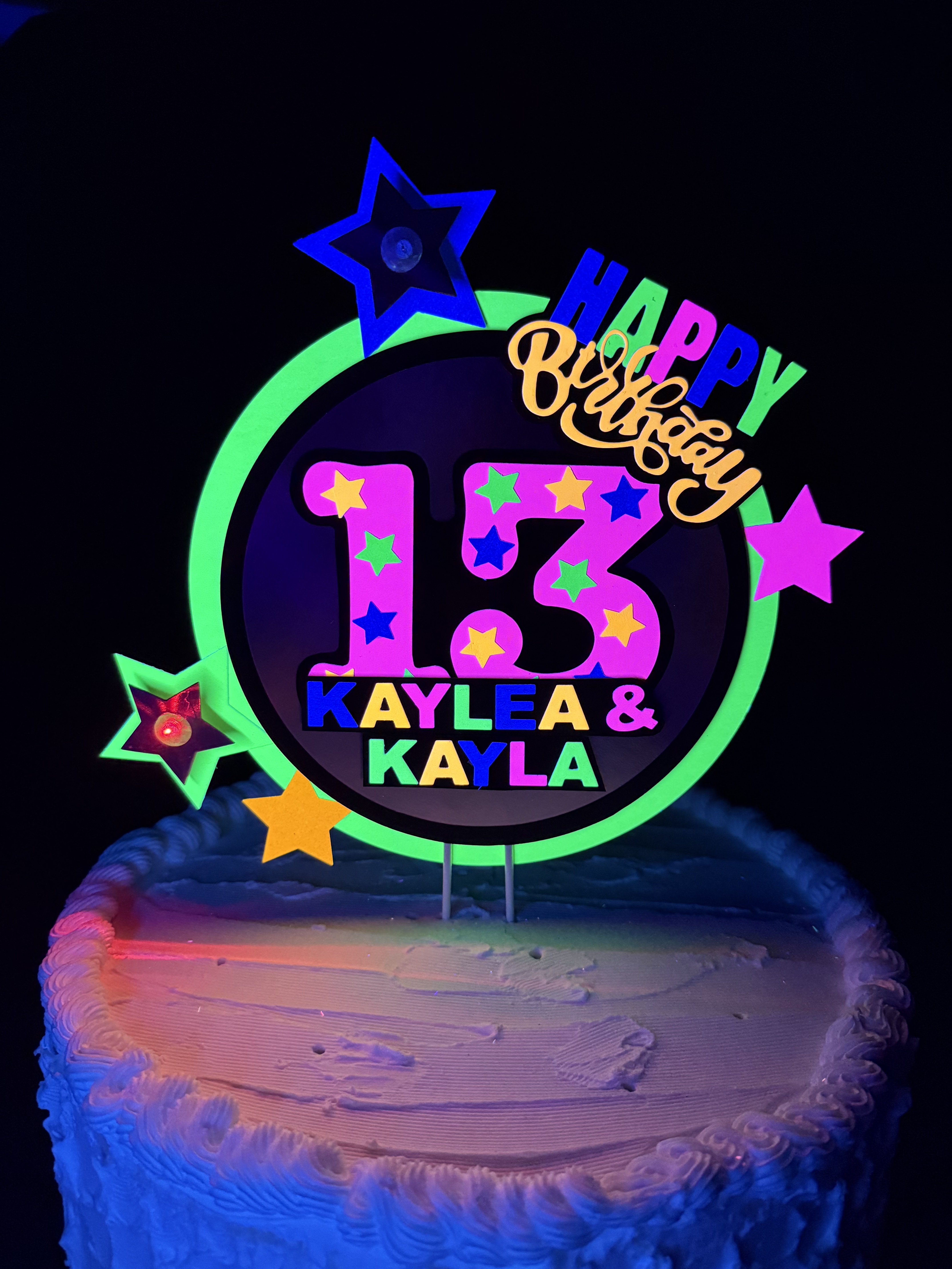 Neon cake topper for a glow party with LED lights and stars, age, and two names for twins or best friends
