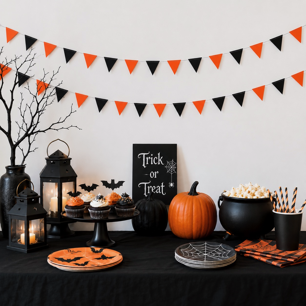 Reusable black and orange Halloween garland hanging above a party table
