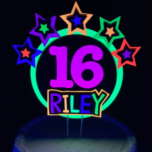 Star-Studded Round Neon Personalized Glowing Cake Topper