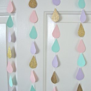 Gold Pink Mint Lavender Raindrop Baby Shower Garland, Pastel Raindrop Garland, Baby Sprinkle Decoration, Paper Drops, Hanging Raindrops