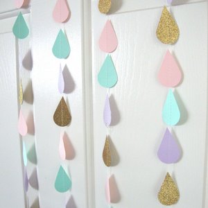 Gold Pink Mint Lavender Raindrop Baby Shower Garland, Pastel Raindrop Garland, Baby Sprinkle Decoration, Paper Drops, Hanging Raindrops