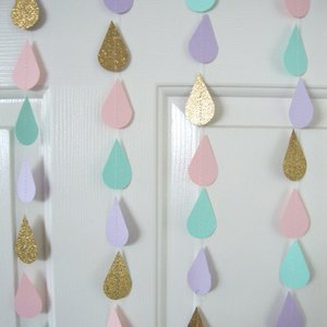 Gold Pink Mint Lavender Raindrop Baby Shower Garland, Pastel Raindrop Garland, Baby Sprinkle Decoration, Paper Drops, Hanging Raindrops