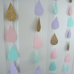 Gold Pink Mint Lavender Raindrop Baby Shower Garland, Pastel Raindrop Garland, Baby Sprinkle Decoration, Paper Drops, Hanging Raindrops
