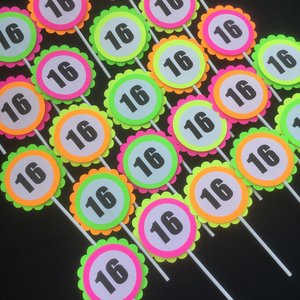 Glow Party Cupcake Toppers, Neon Birthday Party Decor, Fluorescent Black Light Decor, Birthday Number Topper, Sweet 16 Cake, UV Reflective