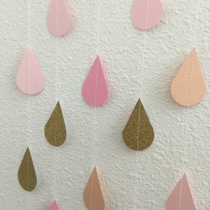 Blush and Gold Raindrop Garland, Peach and Pink Sprinkle Garland, Gold Glitter Raindrop Garland, Girl Baby Sprinkle Decor, Gold Raindrops