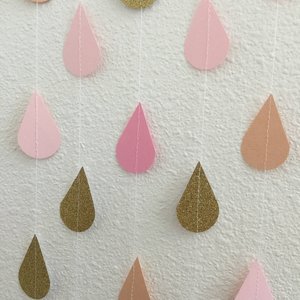 Blush and Gold Raindrop Garland, Peach and Pink Sprinkle Garland, Gold Glitter Raindrop Garland, Girl Baby Sprinkle Decor, Gold Raindrops