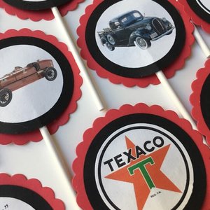 Custom Vintage Car-Themed Cupcake Toppers or Tags for Birthdays, Retirement, Baby Showers, etc.