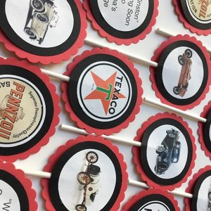 Custom Vintage Car-Themed Cupcake Toppers or Tags for Birthdays, Retirement, Baby Showers, etc.