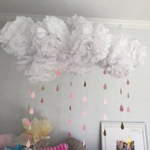 White Pompom Clouds, Tissue Paper Pompoms, Baby Shower Pompoms, Baby Sprinkle Clouds, Paper Clouds, Baby Shower Decoration, Raindrop Clouds