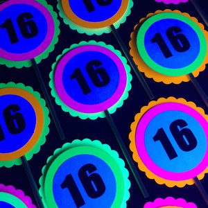 Glow Party Cupcake Toppers, Neon Birthday Party Decor, Fluorescent Black Light Decor, Birthday Number Topper, Sweet 16 Cake, UV Reflective