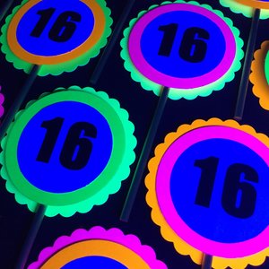 Glow Party Cupcake Toppers, Neon Birthday Party Decor, Fluorescent Black Light Decor, Birthday Number Topper, Sweet 16 Cake, UV Reflective