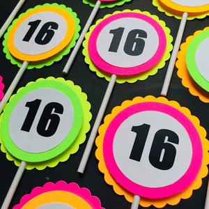 Glow Party Cupcake Toppers, Neon Birthday Party Decor, Fluorescent Black Light Decor, Birthday Number Topper, Sweet 16 Cake, UV Reflective