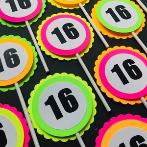 Glow Party Cupcake Toppers, Neon Birthday Party Decor, Fluorescent Black Light Decor, Birthday Number Topper, Sweet 16 Cake, UV Reflective