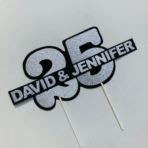 Personalized silver glitter 25th anniversary cake topper, custom name, elegant number 25 decorations, silver wedding celebration decor