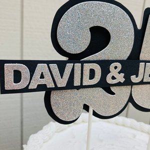 Personalized silver glitter 25th anniversary cake topper, custom name, elegant number 25 decorations, silver wedding celebration decor