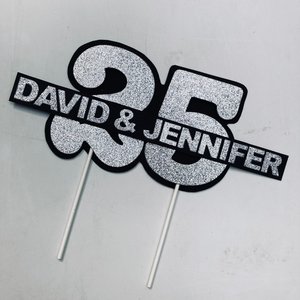 Personalized silver glitter 25th anniversary cake topper, custom name, elegant number 25 decorations, silver wedding celebration decor