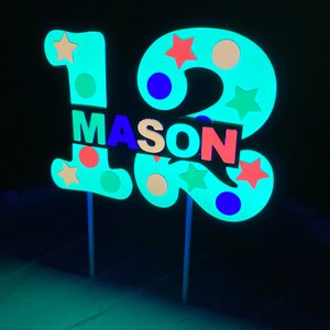 Glow Party Cake Topper, Neon Yellow Number, Birthday Decoration, Personalized Topper, Glow in the Dark Decor, Skate Party, Boy Teen Birthday