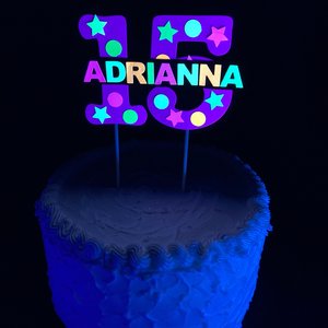 Neon Purple Glow Party Cake Topper, Blacklight Party Decor, Glow in the Dark Birthday, Quinceanera Cake, Personalized Topper, 15th Birthday