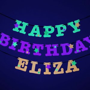 Star Glow Party Birthday Banner, Happy Birthday, Neon sign, UV Reflective Decor, Glow Party Supplies, Sweet 16 Neon Dance, Personalized Sign