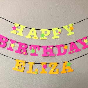 Star Glow Party Birthday Banner, Happy Birthday, Neon sign, UV Reflective Decor, Glow Party Supplies, Sweet 16 Neon Dance, Personalized Sign