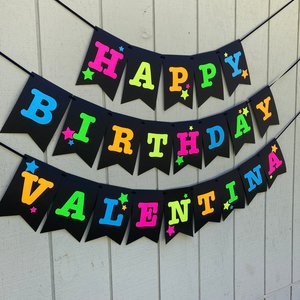 Neon Star Birthday Banner, Glow Party, Personalized Banner, Glow in the Dark Sign, UV Reflective, Black Light Decor, 80s Party, Skate Party