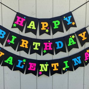 Neon Star Birthday Banner, Glow Party, Personalized Banner, Glow in the Dark Sign, UV Reflective, Black Light Decor, 80s Party, Skate Party