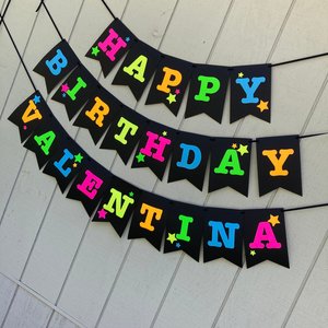 Neon Star Birthday Banner, Glow Party, Personalized Banner, Glow in the Dark Sign, UV Reflective, Black Light Decor, 80s Party, Skate Party