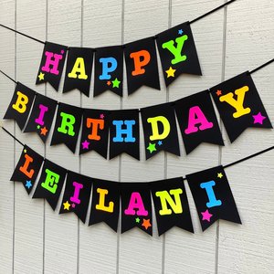 Neon Star Birthday Banner, Glow Party, Personalized Banner, Glow in the Dark Sign, UV Reflective, Black Light Decor, 80s Party, Skate Party