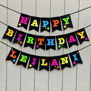 Neon Star Birthday Banner, Glow Party, Personalized Banner, Glow in the Dark Sign, UV Reflective, Black Light Decor, 80s Party, Skate Party