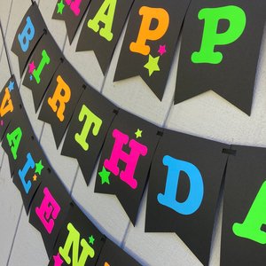 Neon Star Birthday Banner, Glow Party, Personalized Banner, Glow in the Dark Sign, UV Reflective, Black Light Decor, 80s Party, Skate Party