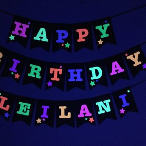 Neon Star Birthday Banner, Glow Party, Personalized Banner, Glow in the Dark Sign, UV Reflective, Black Light Decor, 80s Party, Skate Party