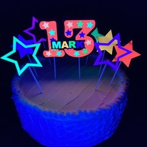 Neon Star Cake Decoration, Glow in the Dark Cake Topper, Glow Party Supply, Cupcake Decor, Black Light Party Supply, UV Reflective Stars