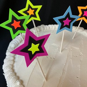 Neon Star Cake Decoration, Glow in the Dark Cake Topper, Glow Party Supply, Cupcake Decor, Black Light Party Supply, UV Reflective Stars