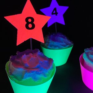 12 Neon Star Cupcake Toppers, Glow in the Dark Decor, Glow Party Supply, Cupcake Decor, Black Light Party, UV Reflective Stars, Age Topper