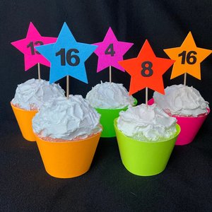 12 Neon Star Cupcake Toppers, Glow in the Dark Decor, Glow Party Supply, Cupcake Decor, Black Light Party, UV Reflective Stars, Age Topper