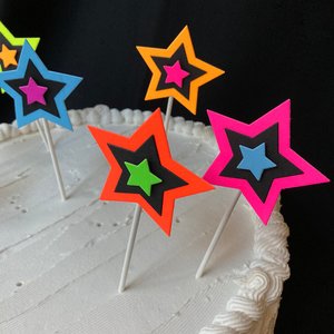 Neon Star Cake Decoration, Glow in the Dark Cake Topper, Glow Party Supply, Cupcake Decor, Black Light Party Supply, UV Reflective Stars